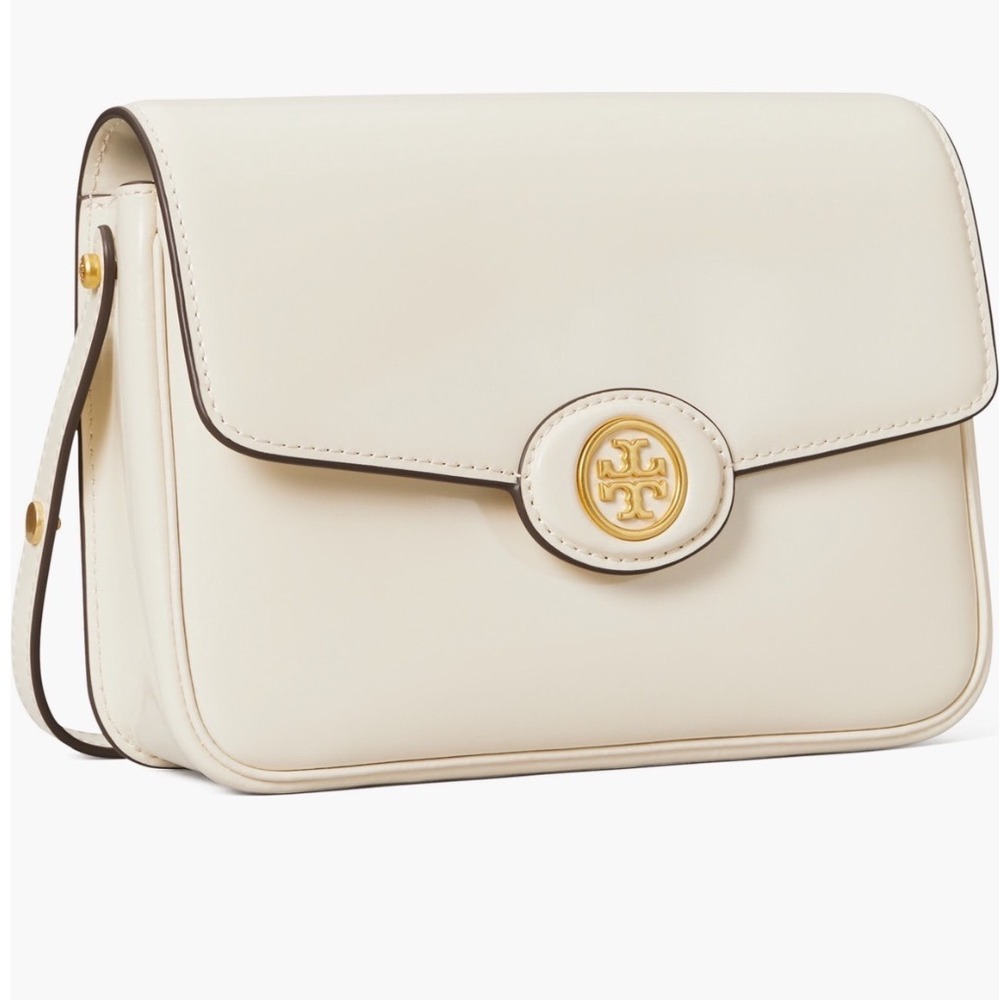 Tory Burch Robinson Spazzolato‎ Small Shoulder Bag Cream Gold Logo Crossbody